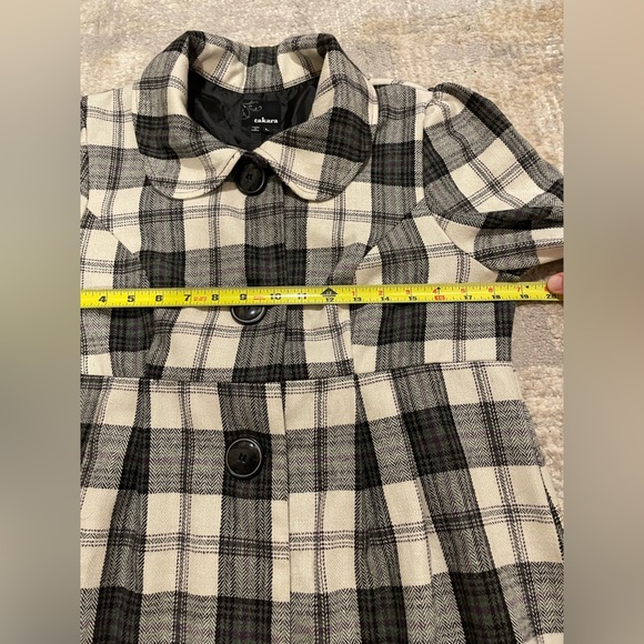 Takara Collared Plaid Long Wool Blend Lightweight Pea Coat 3/4 Sleeve Size Large - Picture 10 of 12